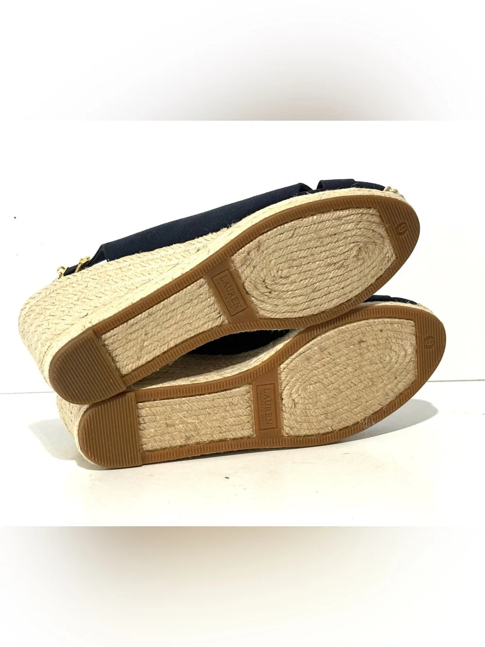 Ralph Lauren Navy Gold Canvas Espadrille Wedge Slingback Size 9 EUC